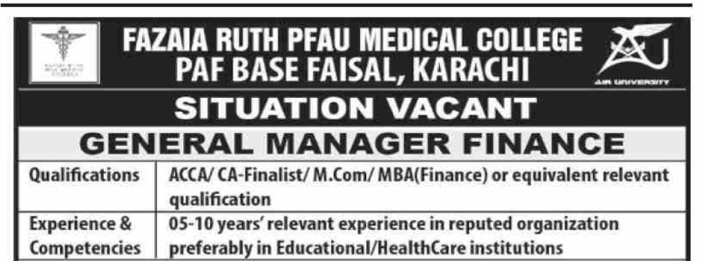 Fazaia Ruth Pfau Medical College Paf Base Faisal Jobs
